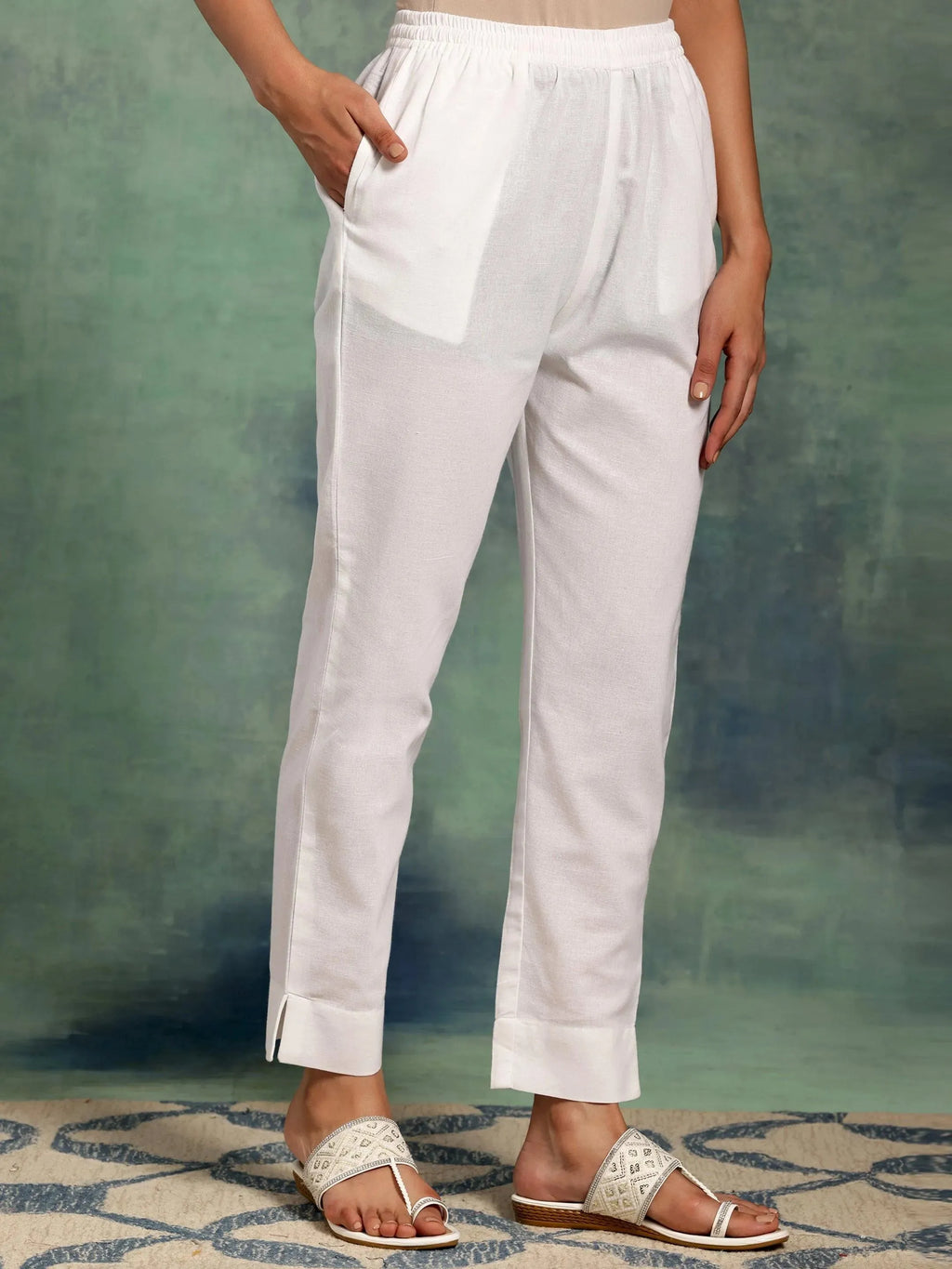 Libas White Solid Cotton Straight Fit Trousers