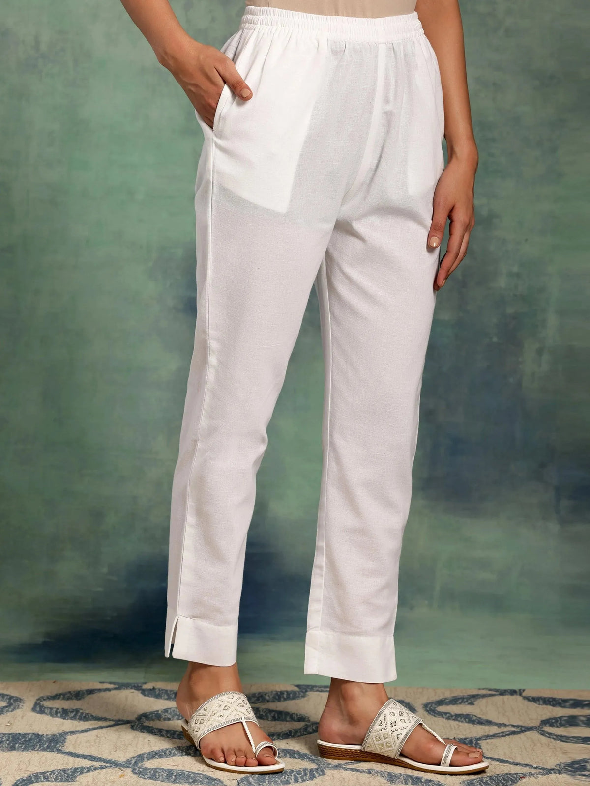 Libas White Solid Cotton Straight Fit Trousers