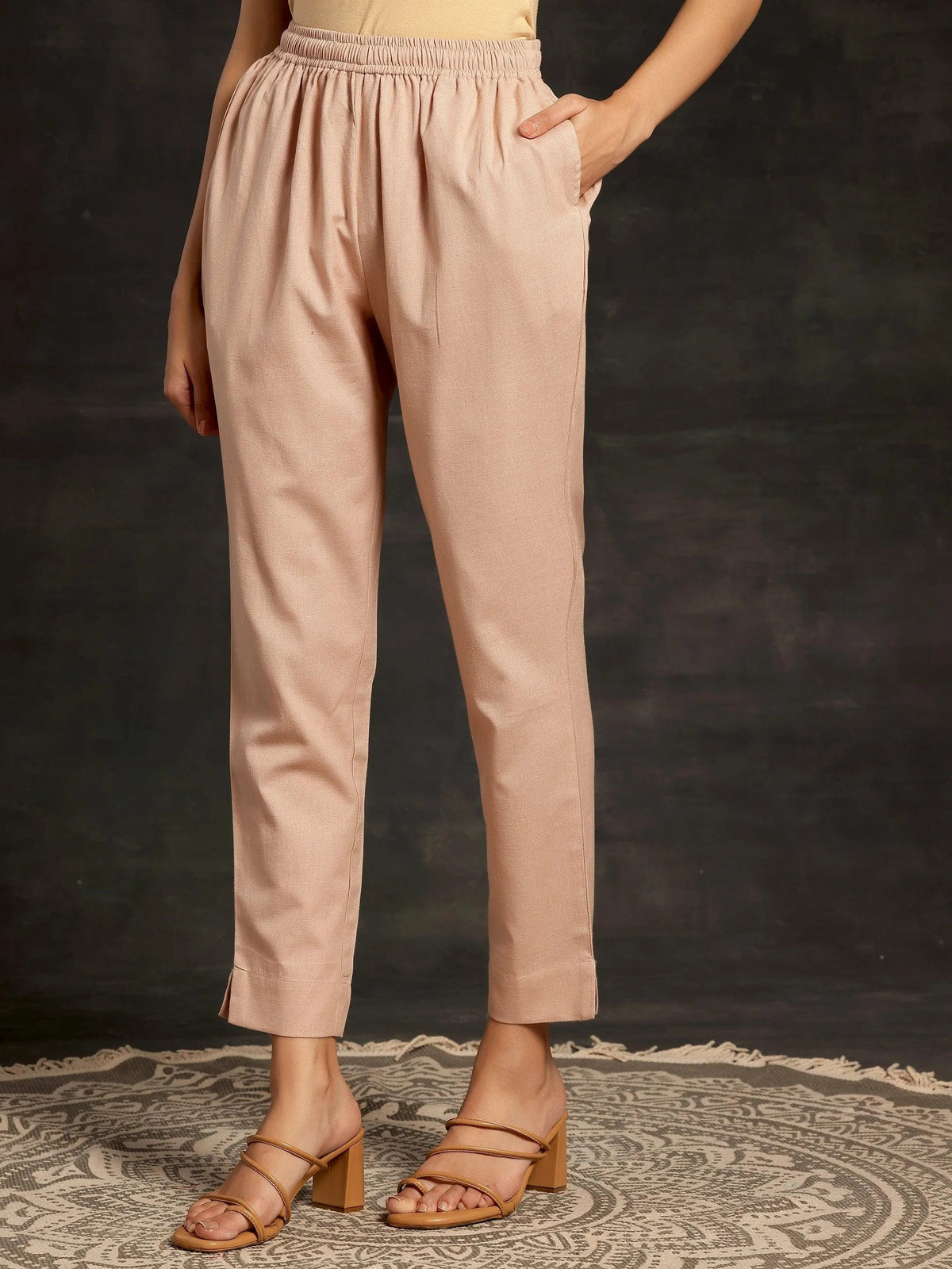 Libas Peach Solid Cotton Straight Fit Trousers