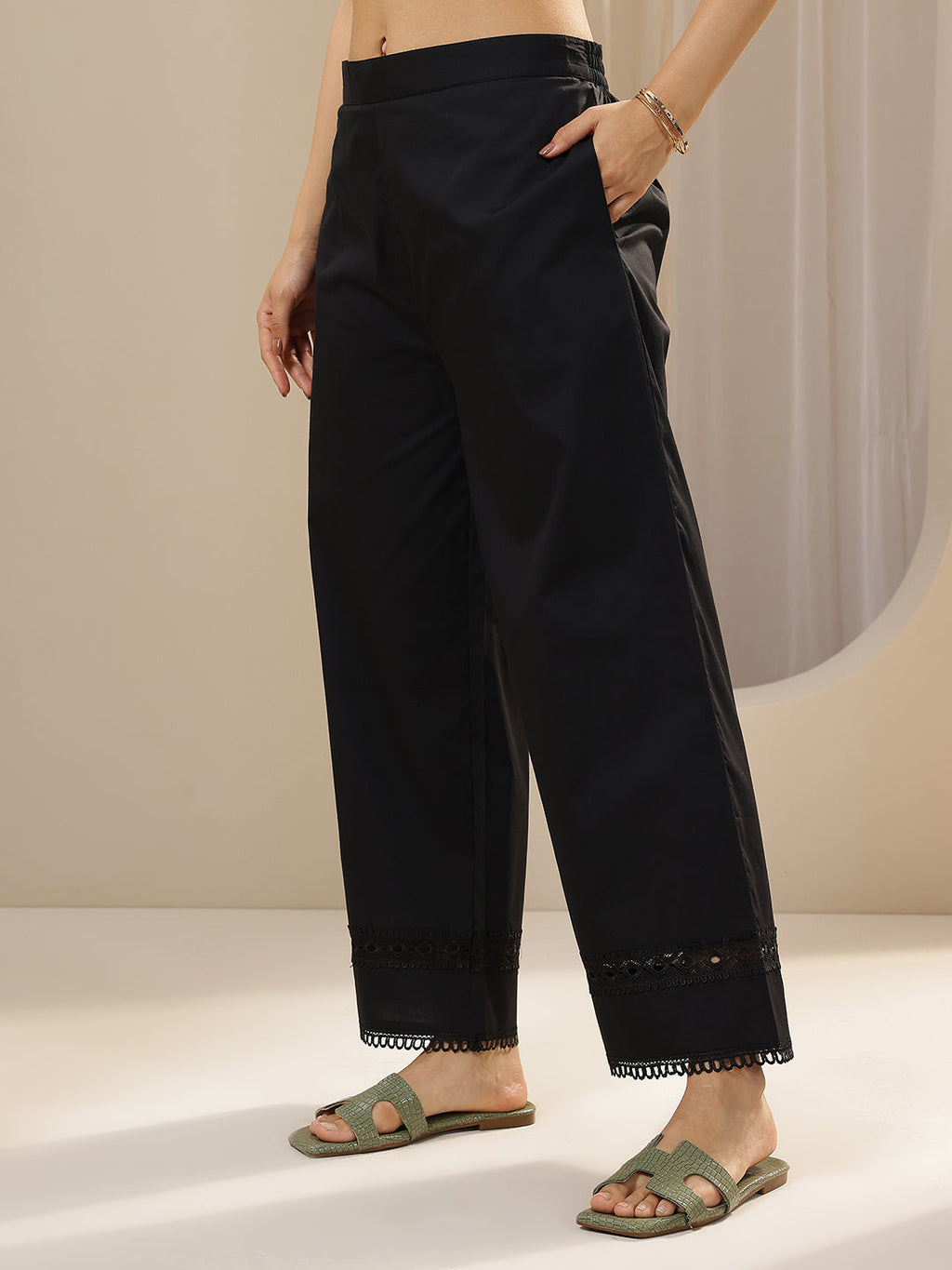 Libas Black Solid Cotton Palazzos