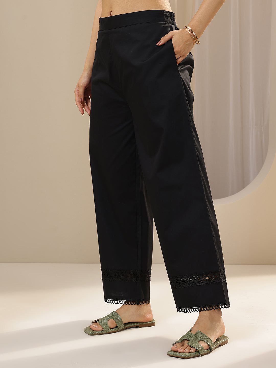Libas Black Solid Cotton Palazzos