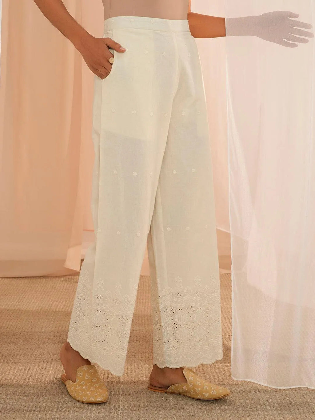 Libas Off White Embroidered Cotton Wide Leg Palazzos