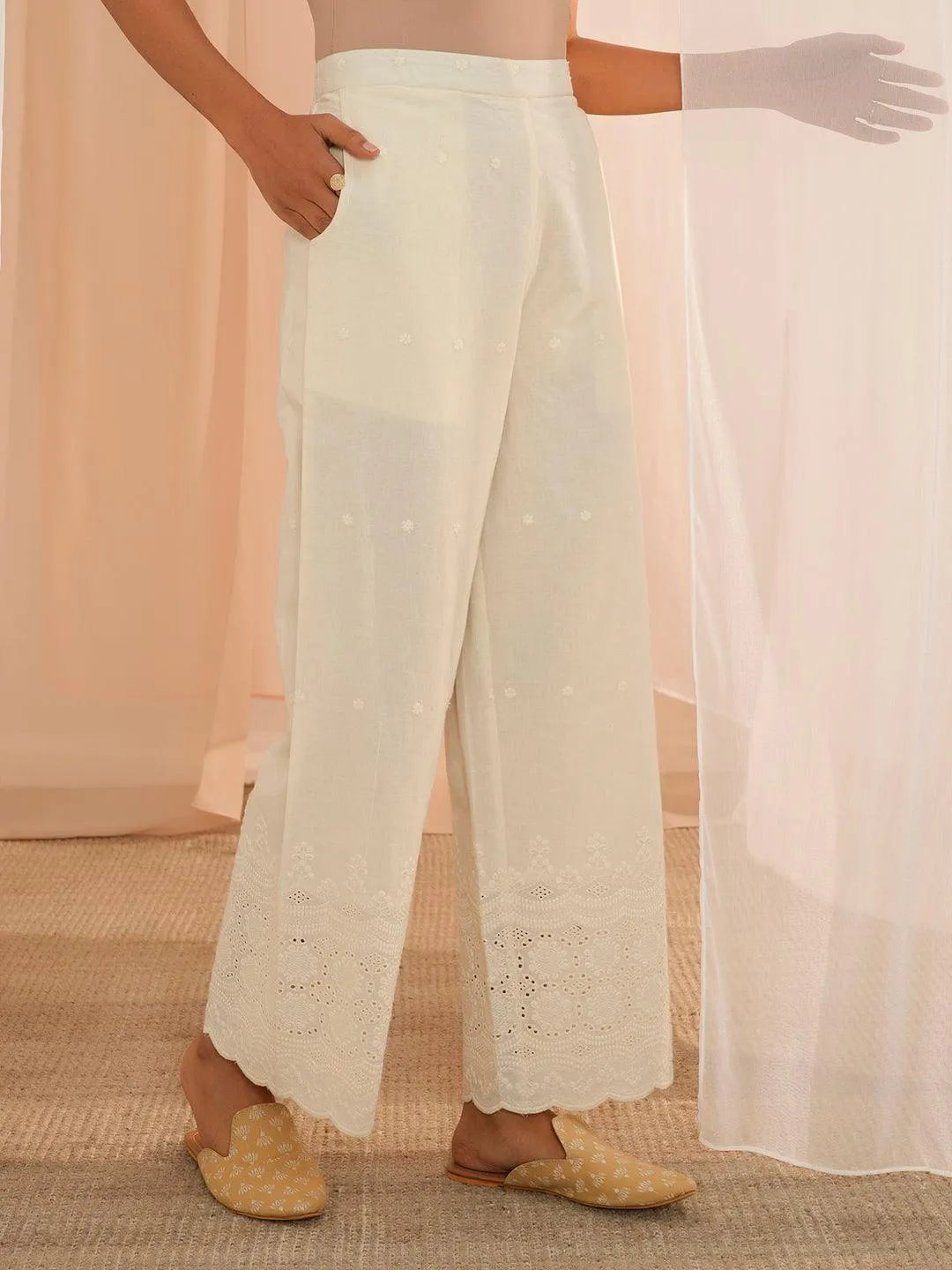 Libas Off White Embroidered Cotton Wide Leg Palazzos