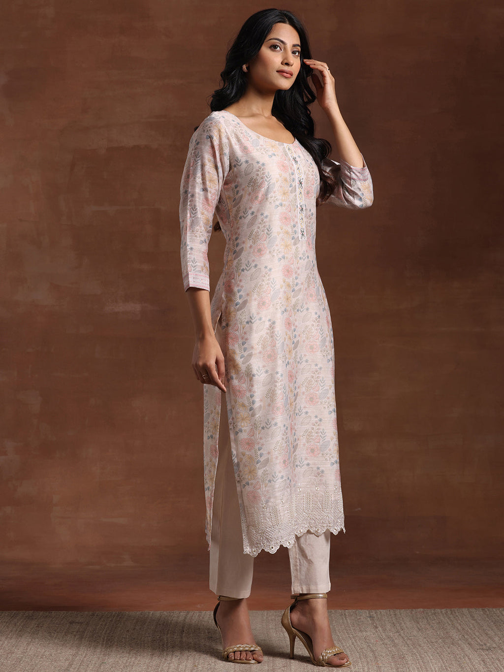 Libas Beige Printed Chanderi Silk Straight Suit With Dupatta