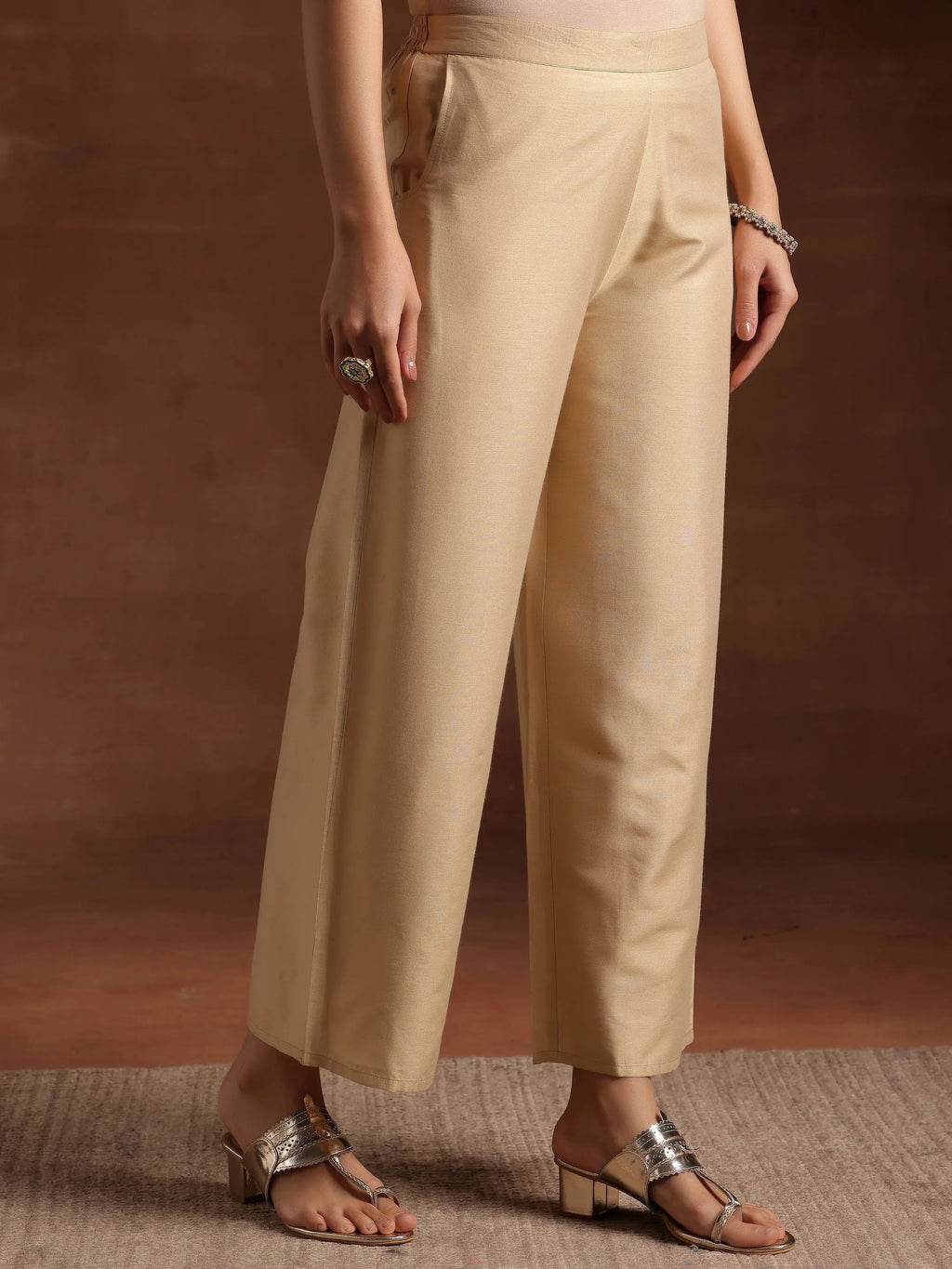 Libas Beige Solid Silk Palazzos