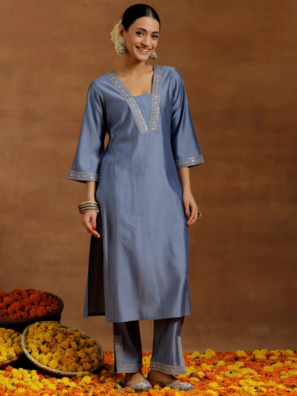 Gerua Grey Yoke Design Silk Blend Straight Suit With Dupatta