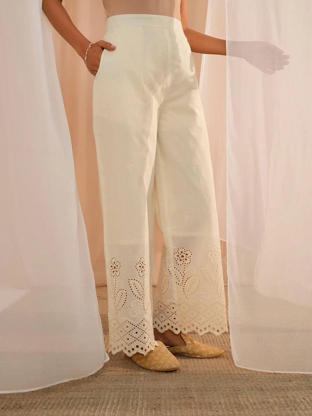 Libas Off White Embroidered Cotton Wide Leg Palazzos
