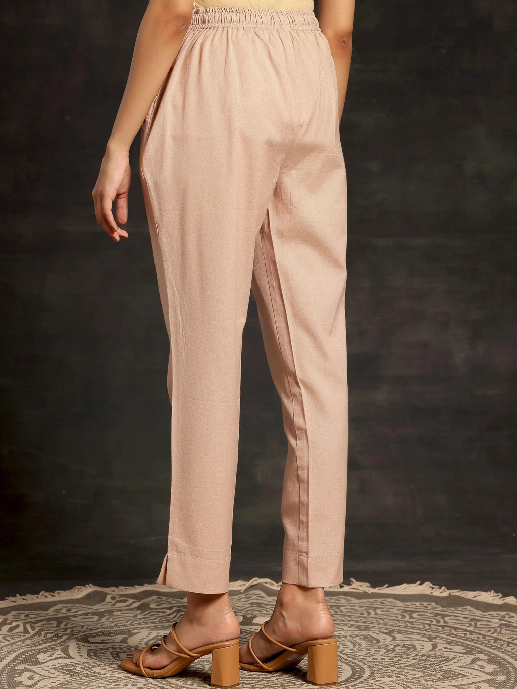 Libas Peach Solid Cotton Straight Fit Trousers