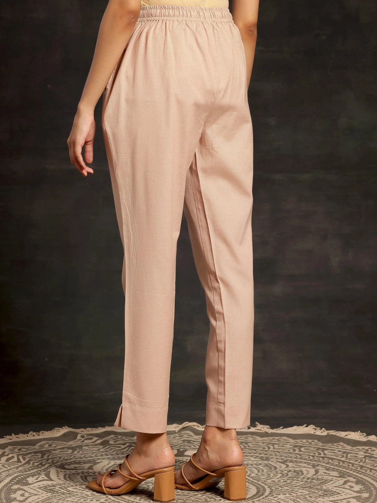 Libas Peach Solid Cotton Straight Fit Trousers