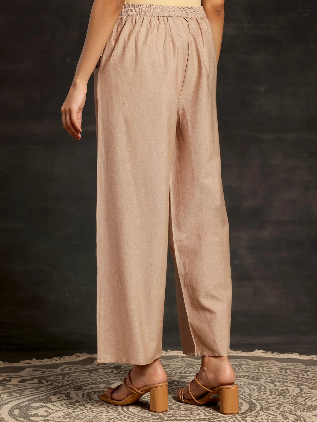 Libas Beige Solid Cotton Wide Leg Palazzos
