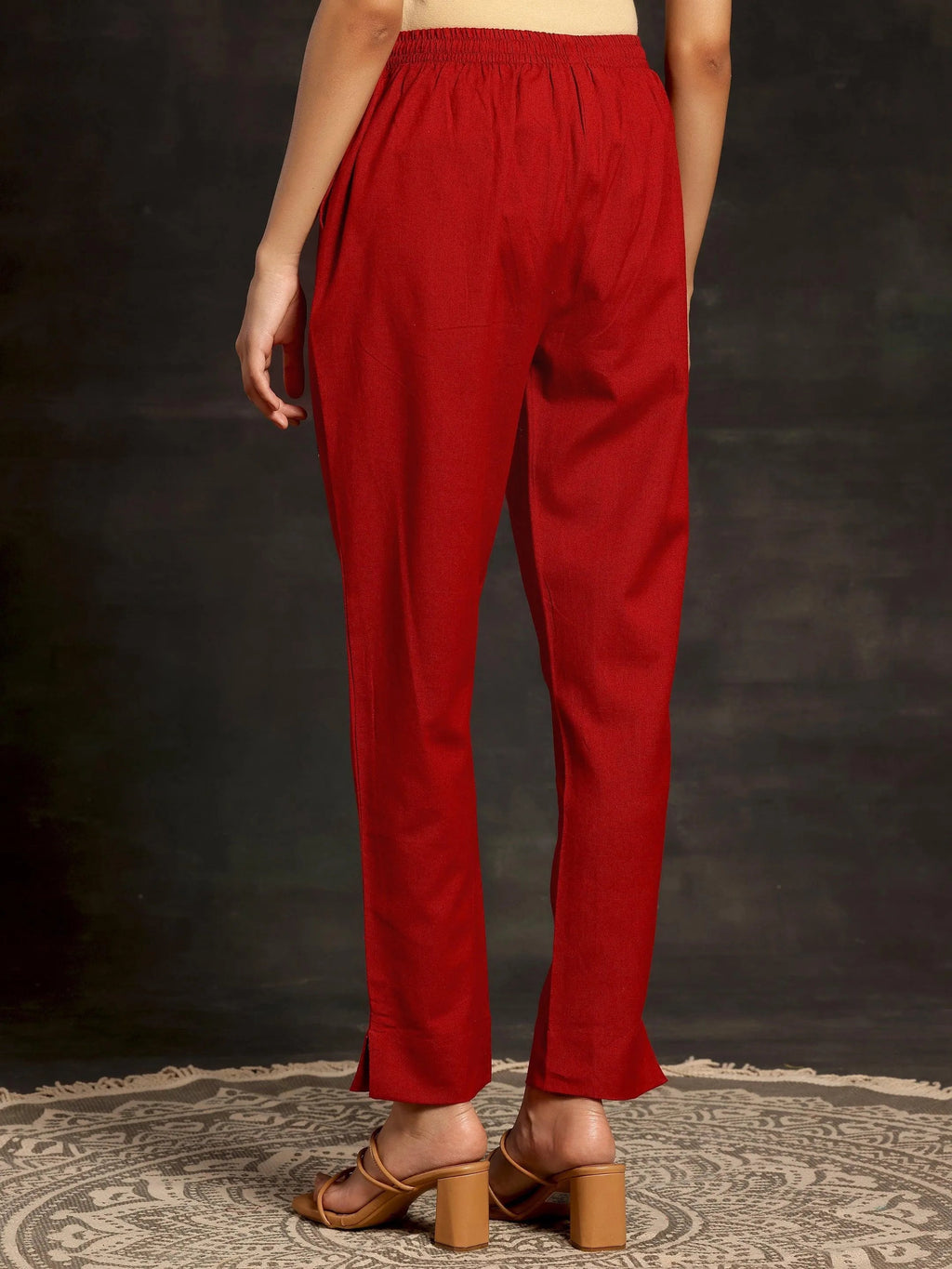 Libas Maroon Solid Cotton Straight Fit Trousers
