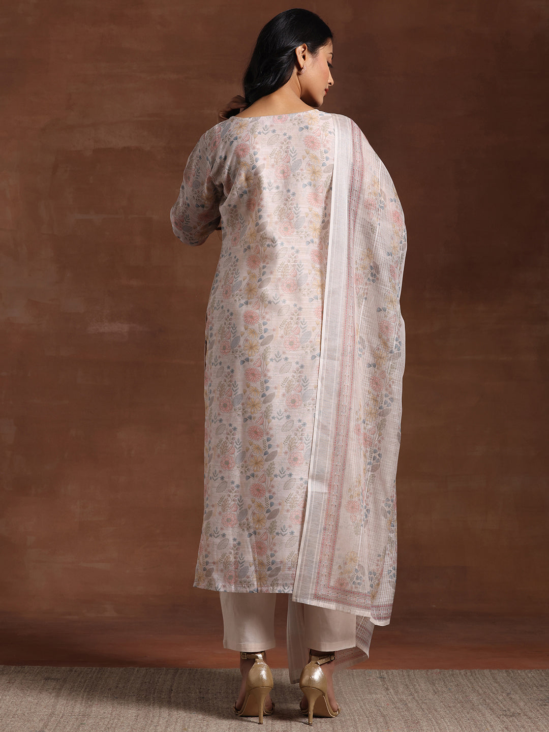 Libas Beige Printed Chanderi Silk Straight Suit With Dupatta