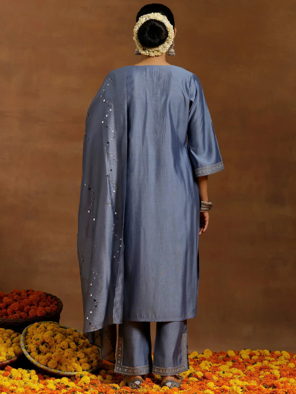 Gerua Grey Yoke Design Silk Blend Straight Suit With Dupatta