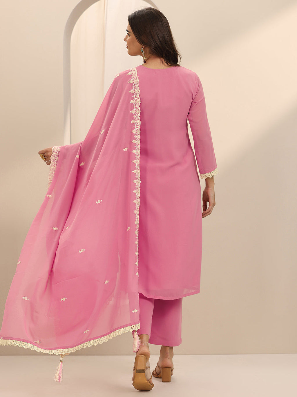 Libas Pink Embroidered Georgette Straight Suit Set With Dupatta