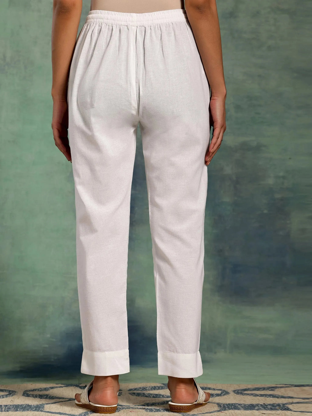 Libas White Solid Cotton Straight Fit Trousers