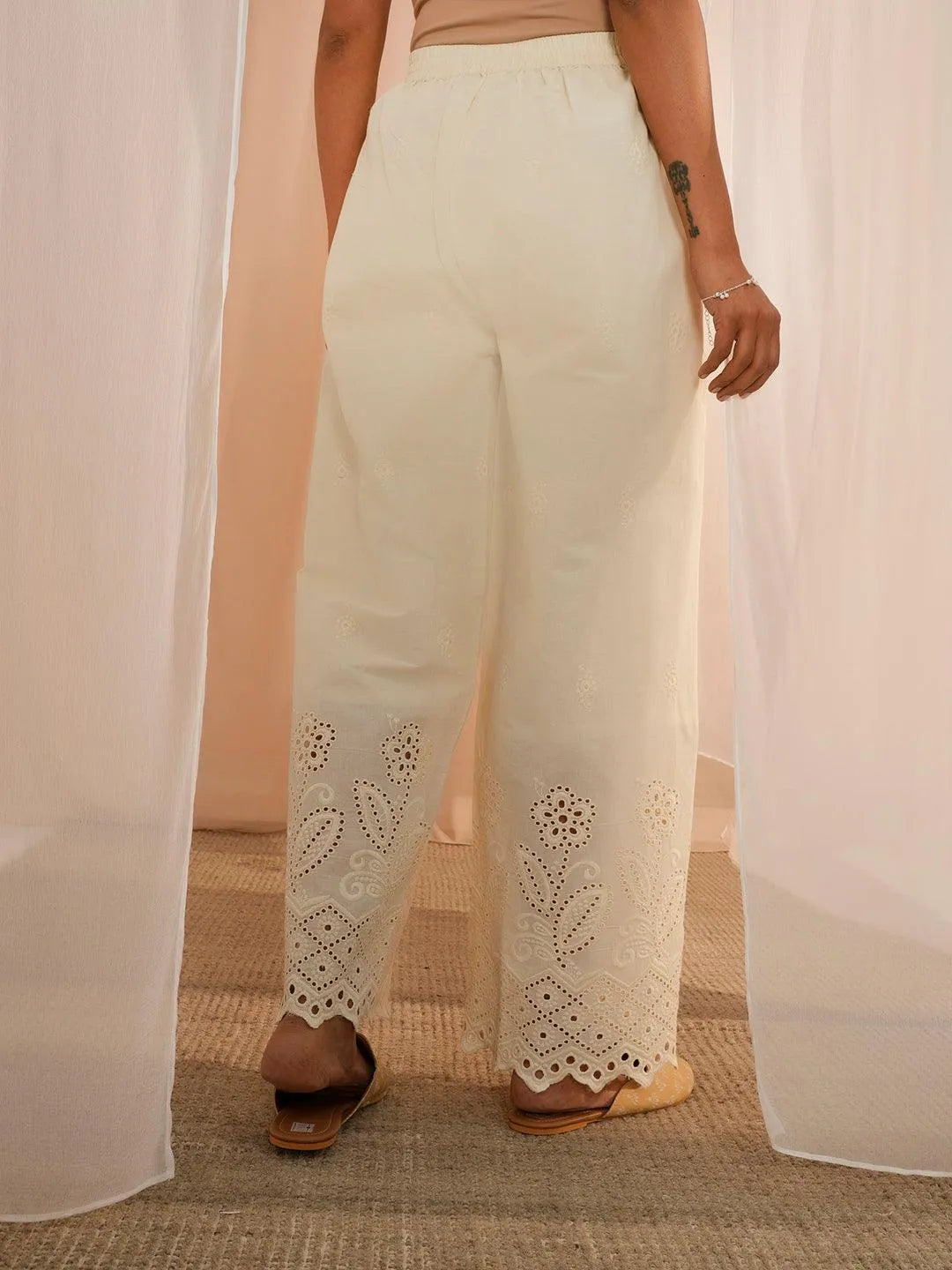 Libas Off White Embroidered Cotton Wide Leg Palazzos