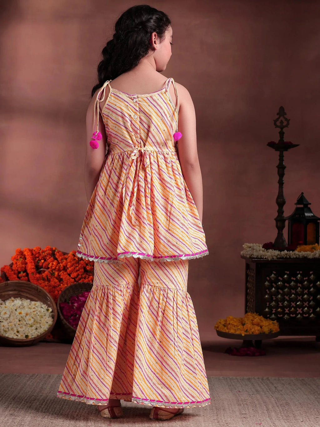 Kids Yellow Printed Cotton A-Line Kurta With Sharara