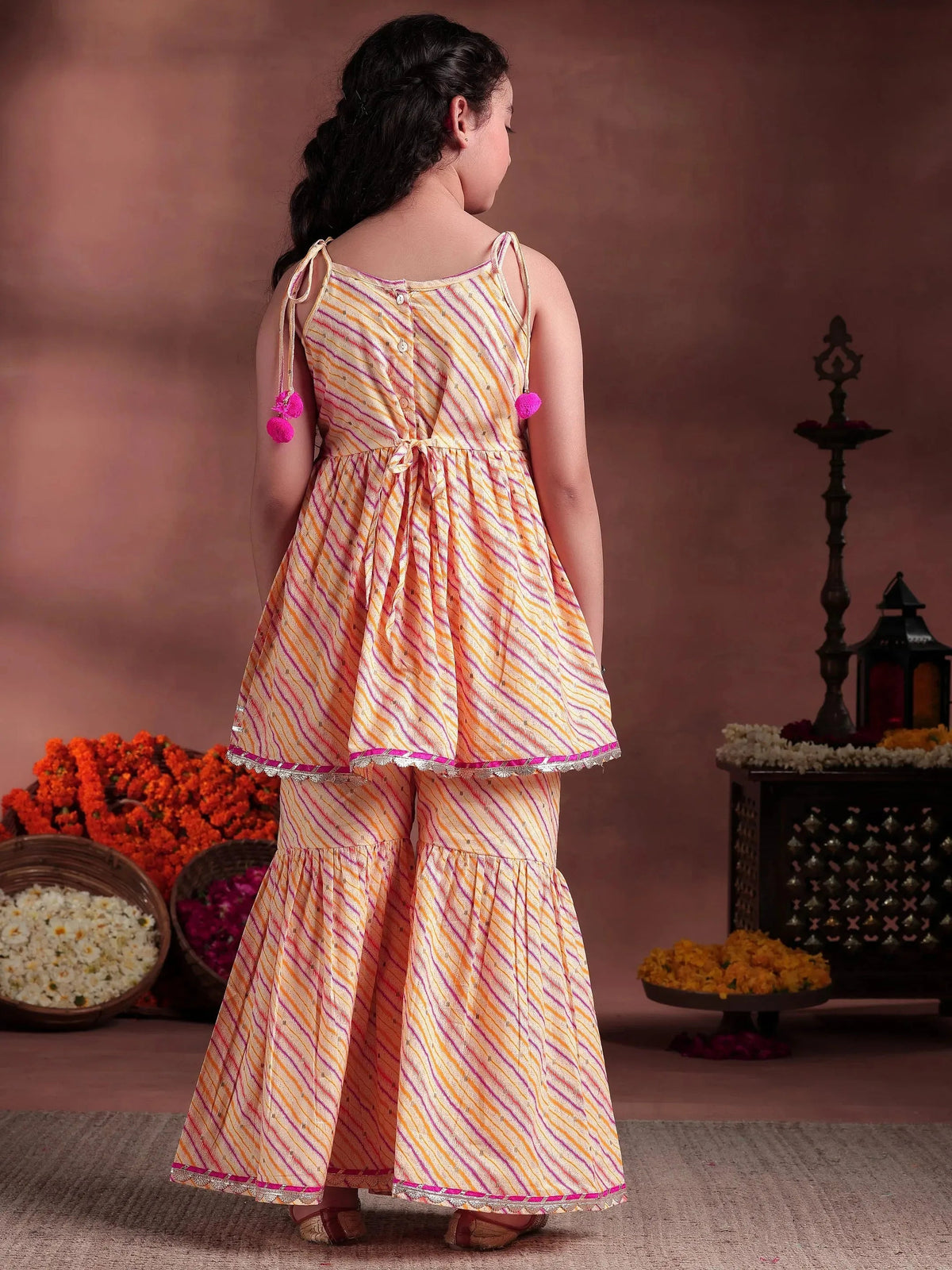 Kids Yellow Printed Cotton A-Line Kurta With Sharara