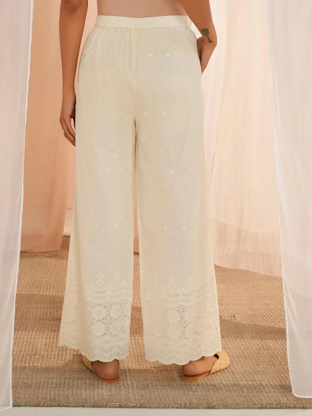 Libas Off White Embroidered Cotton Wide Leg Palazzos