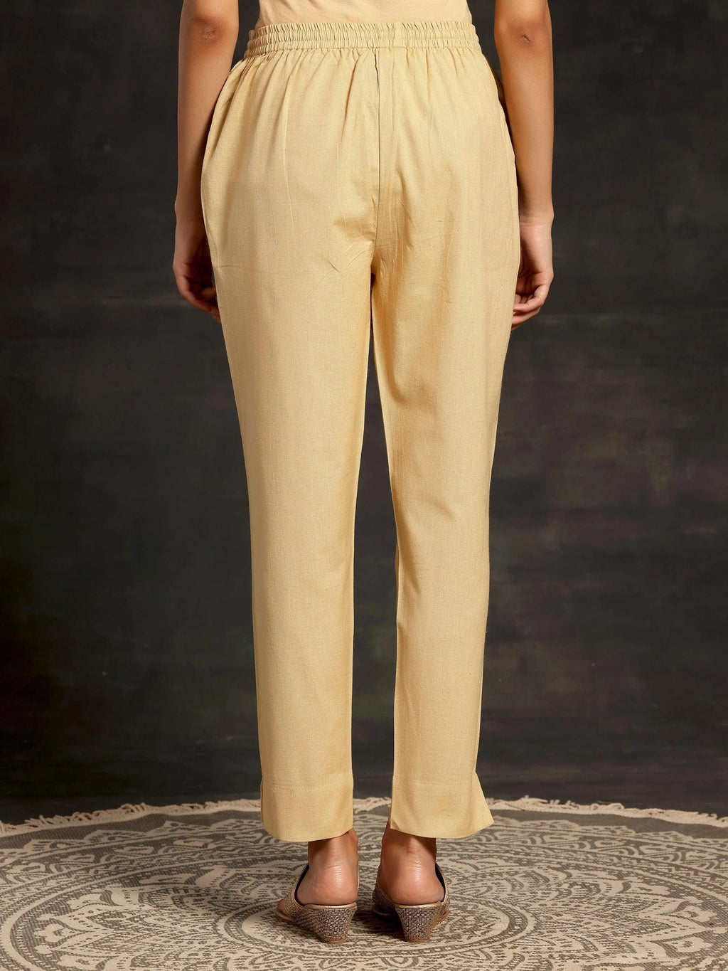 Libas Cream Solid Cotton Straight Fit Trousers