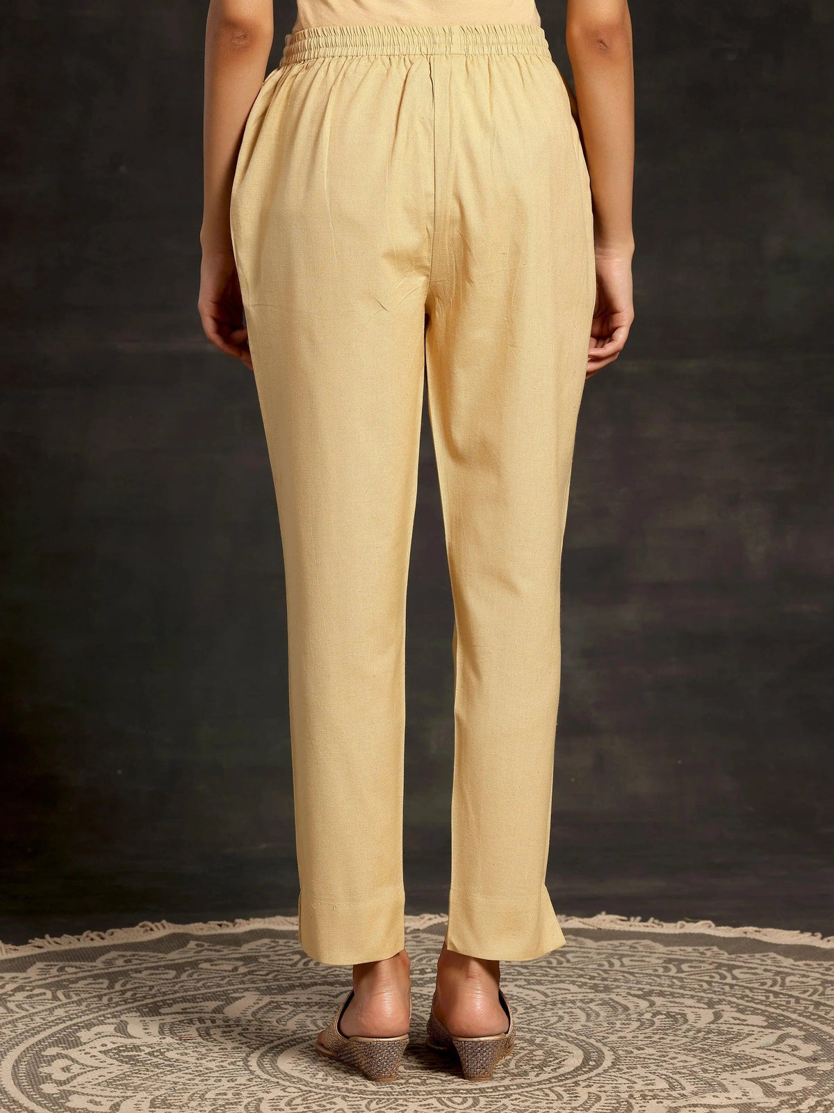 Libas Cream Solid Cotton Straight Fit Trousers