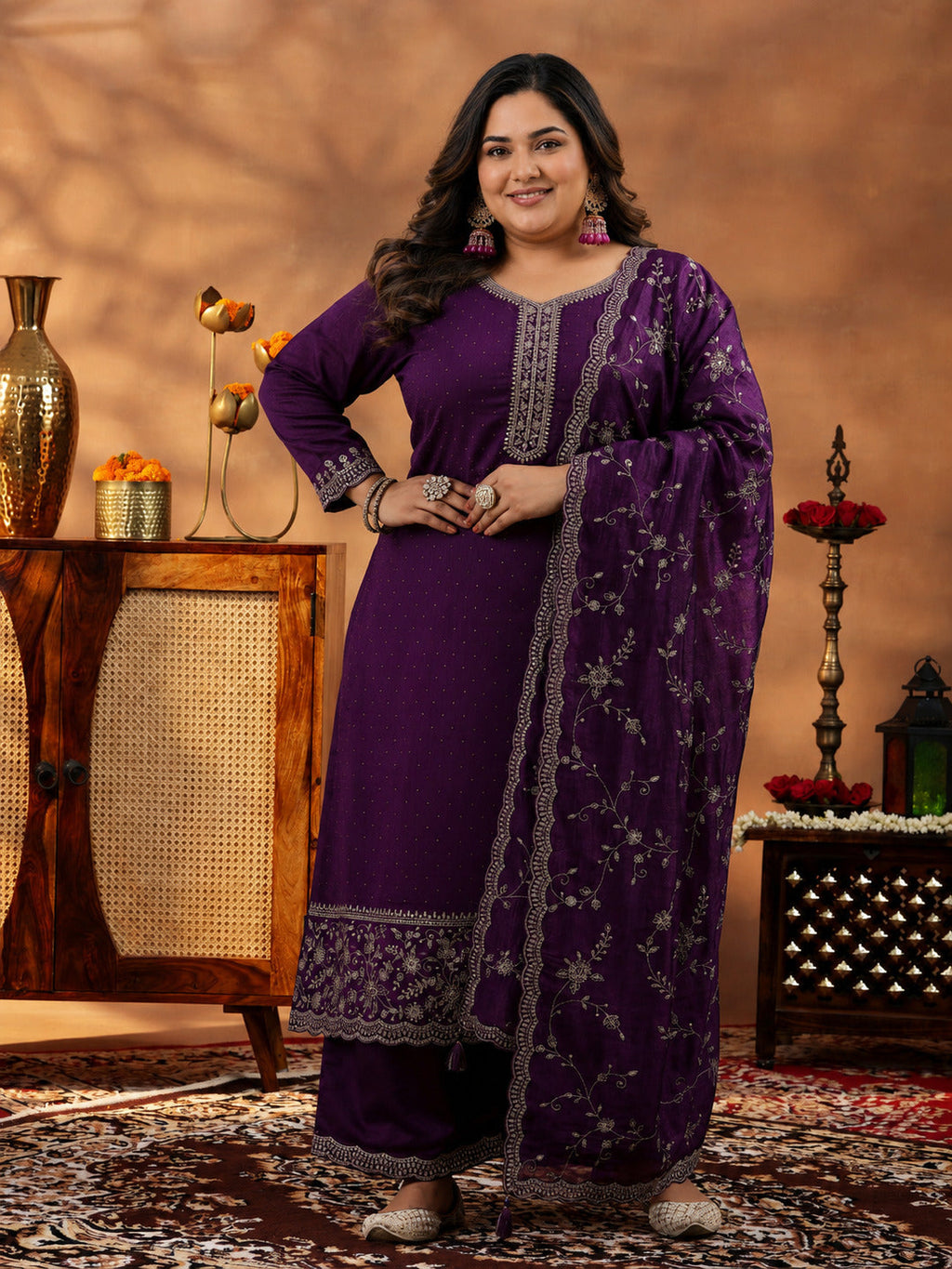 Plus Size Wine Embroidered Silk Blend Straight Suit With Dupatta
