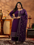 Plus Size Wine Embroidered Silk Blend Straight Suit With Dupatta
