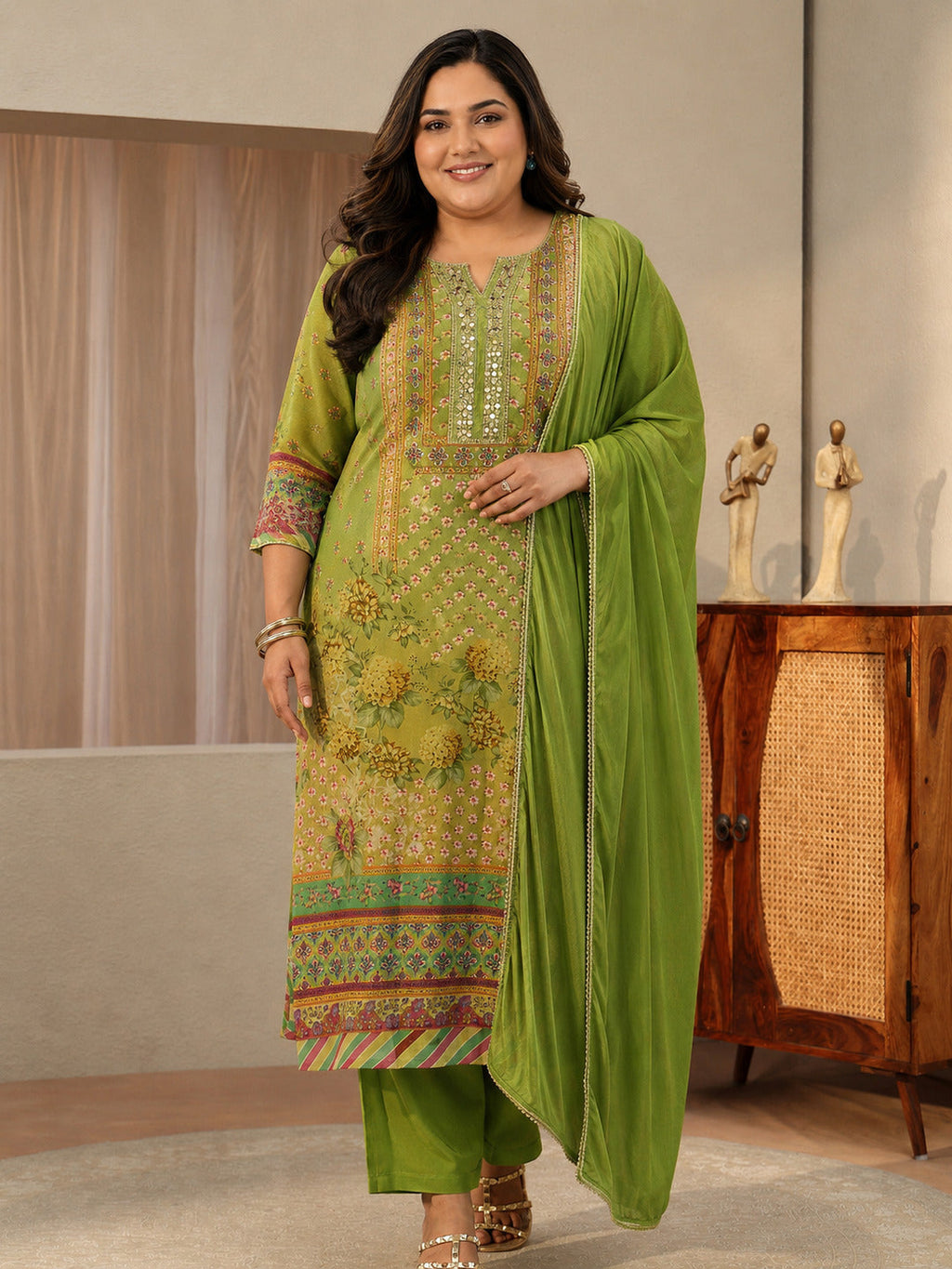 Plus Size Green Printed Chinon Straight Suit Set With Dupatta