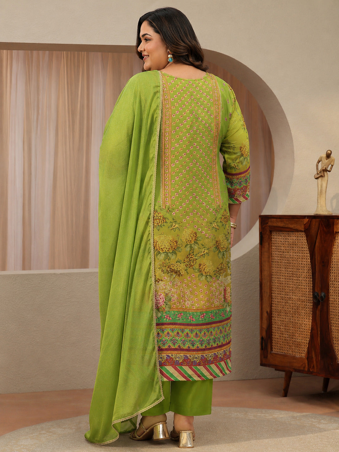 Plus Size Green Printed Chinon Straight Suit Set With Dupatta