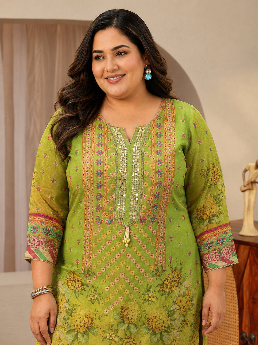 Plus Size Green Printed Chinon Straight Suit Set With Dupatta