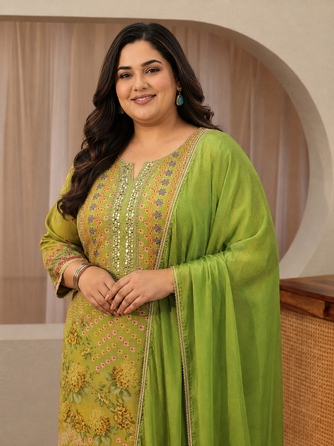 Plus Size Green Printed Chinon Straight Suit Set With Dupatta