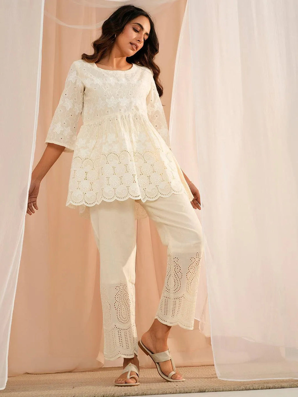 Libas Off White Embroidered Cotton Straight Fit Palazzos