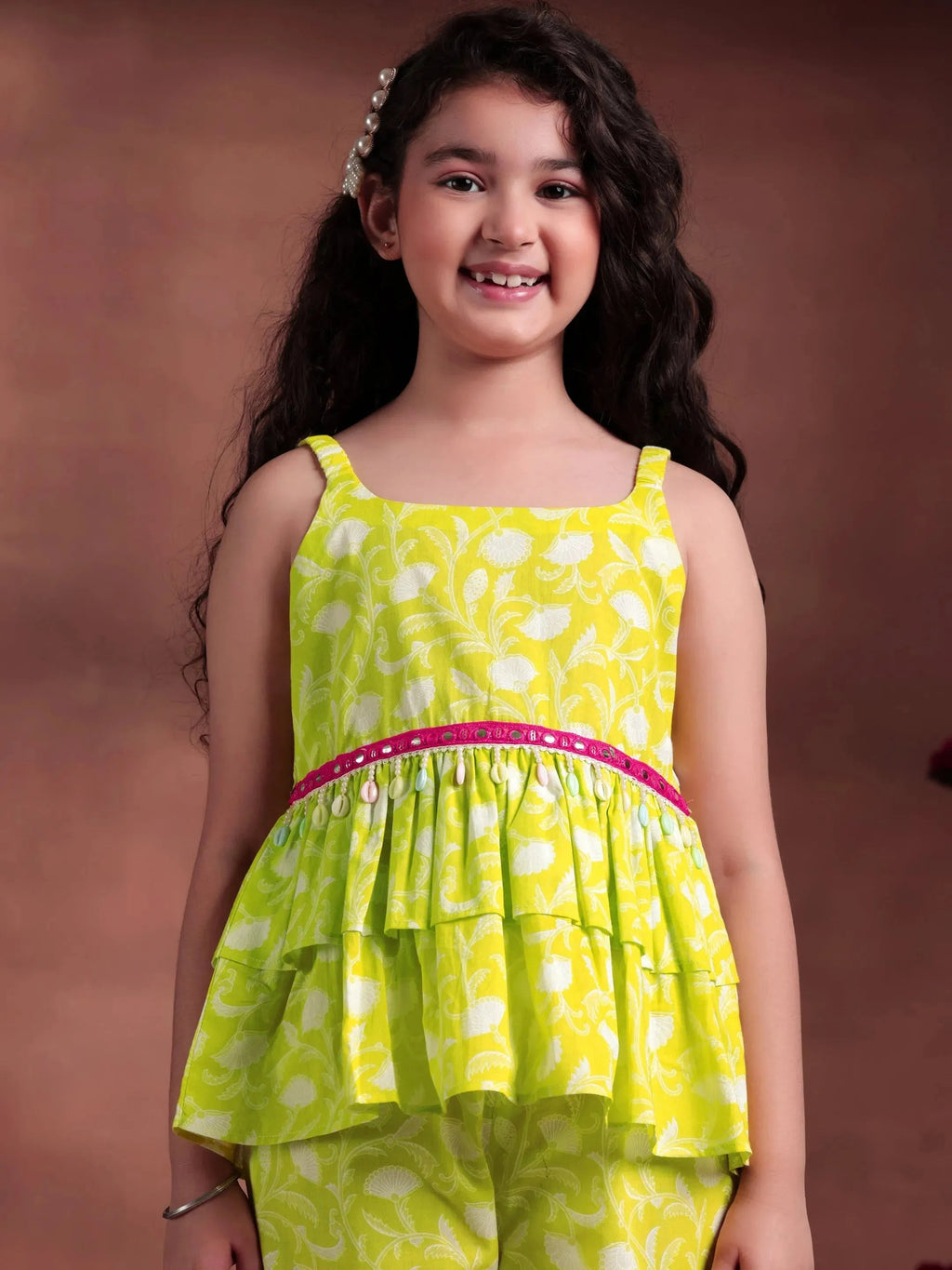 Kids Lime Green Printed Cotton Co-Ords