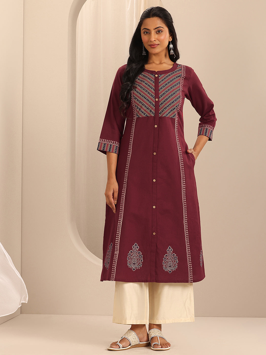 Libas Maroon Printed Cotton Blend A-Line Kurta