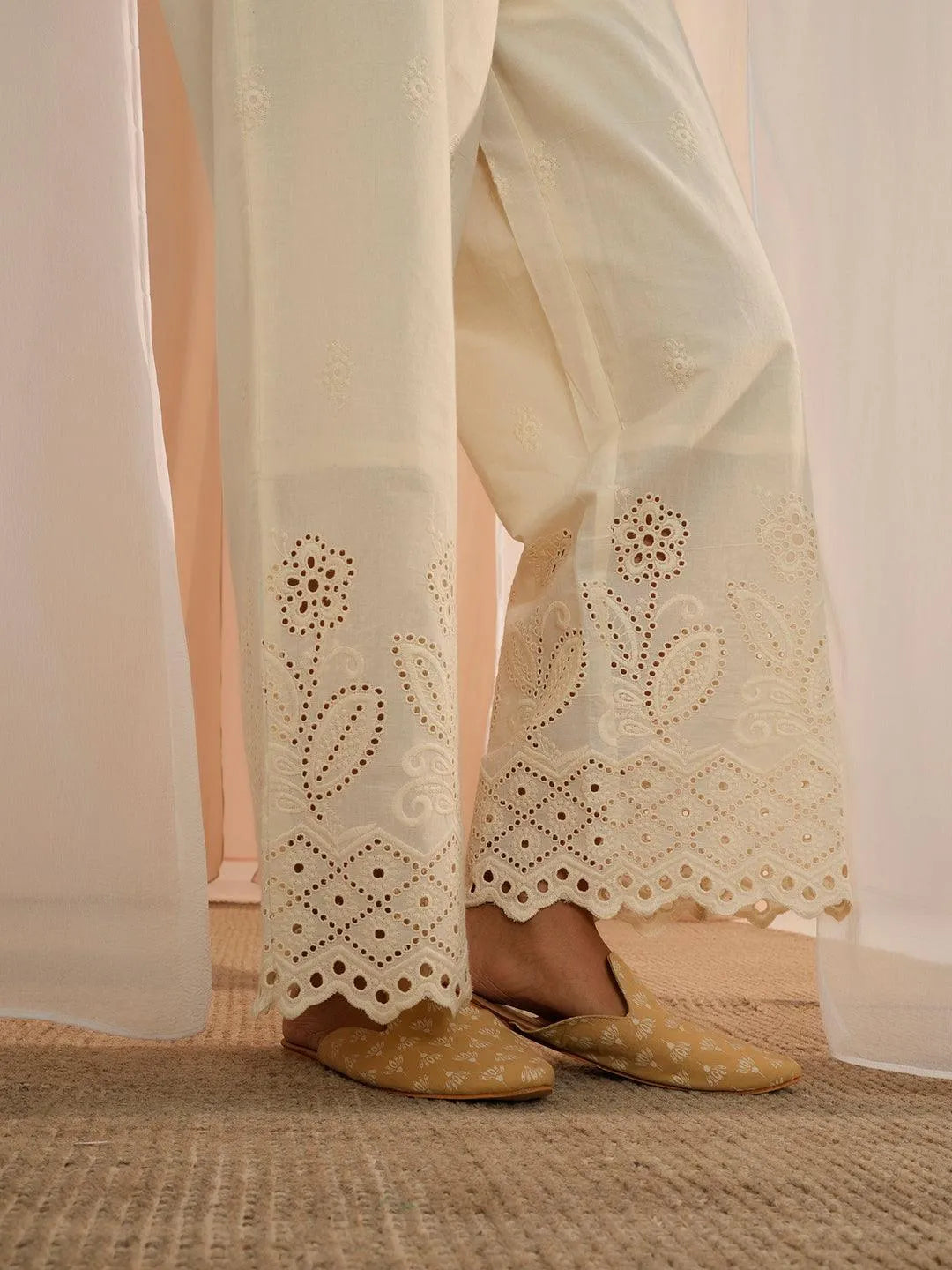 Libas Off White Embroidered Cotton Wide Leg Palazzos