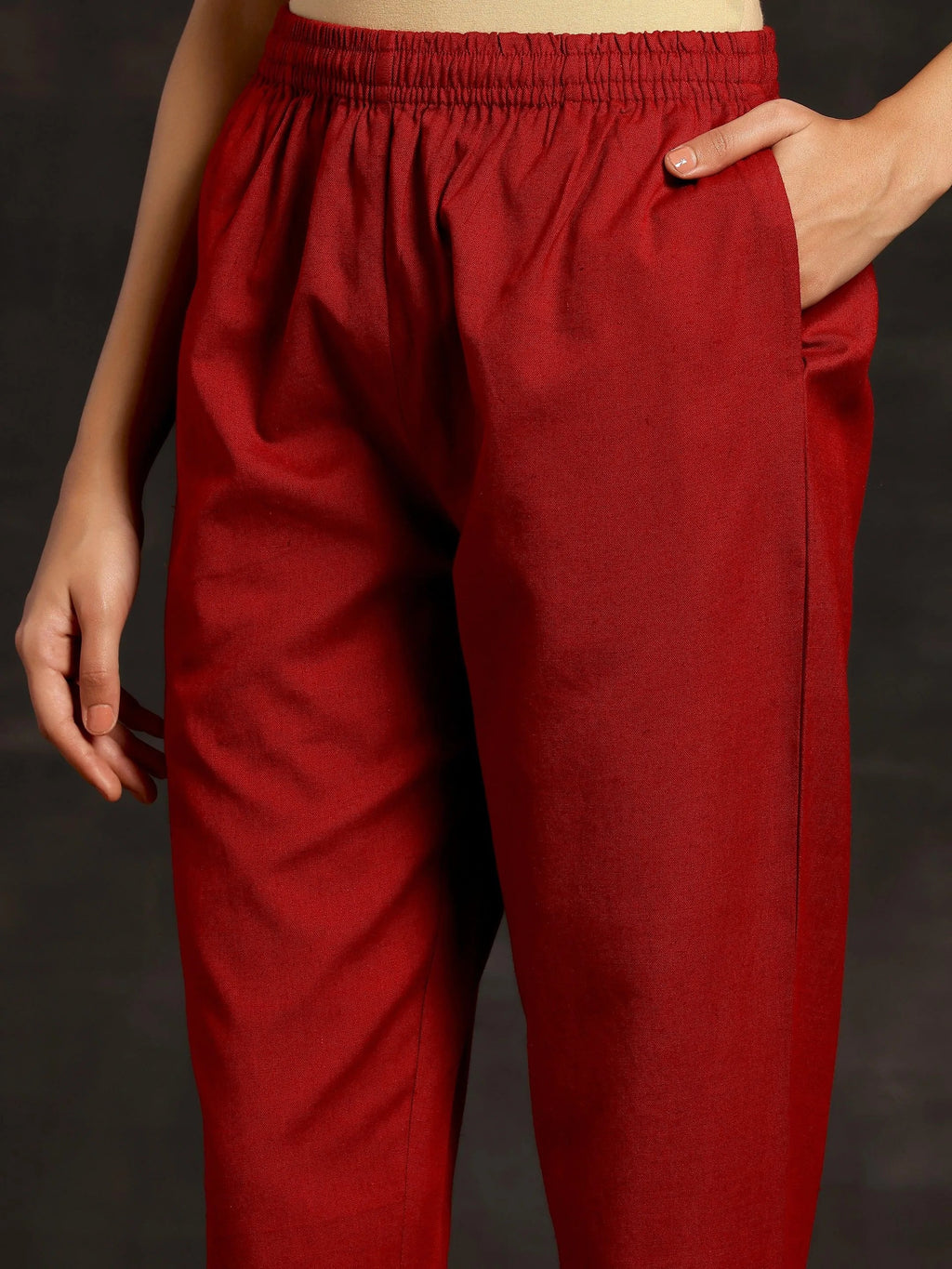 Libas Maroon Solid Cotton Straight Fit Trousers