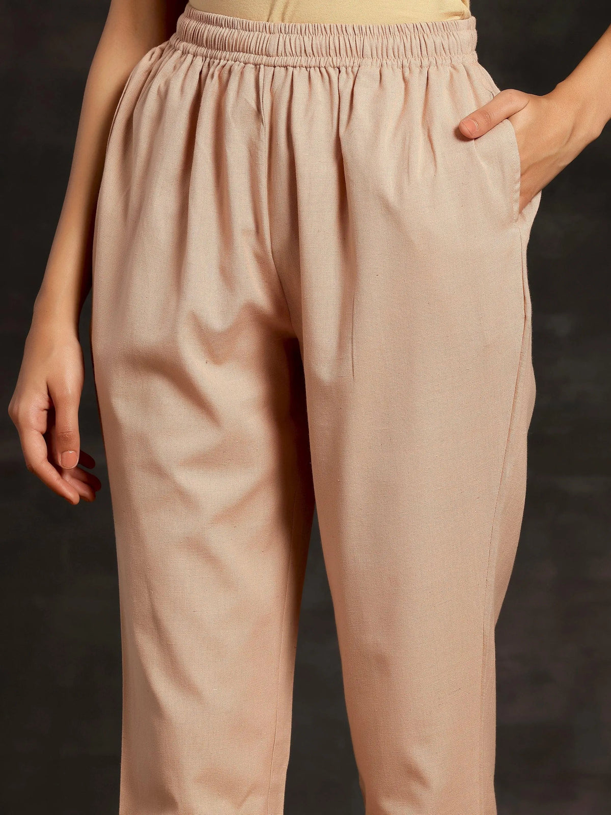 Libas Peach Solid Cotton Straight Fit Trousers