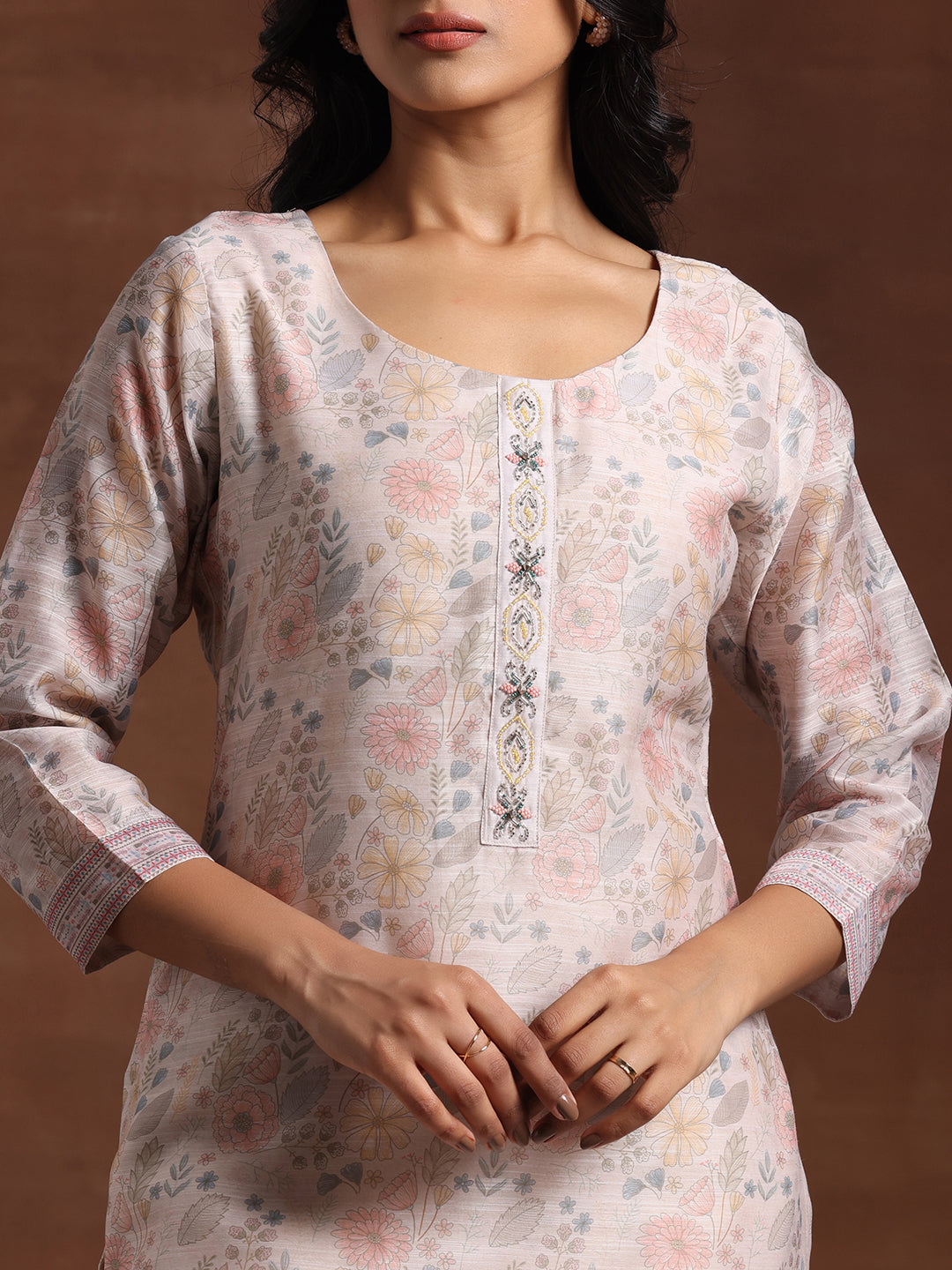 Libas Beige Printed Chanderi Silk Straight Suit With Dupatta