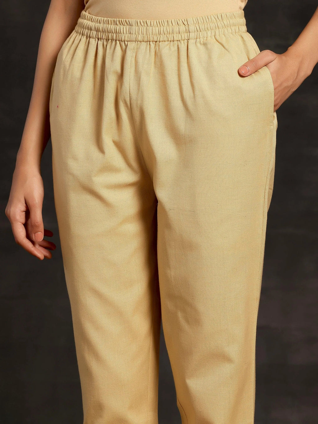 Libas Cream Solid Cotton Straight Fit Trousers