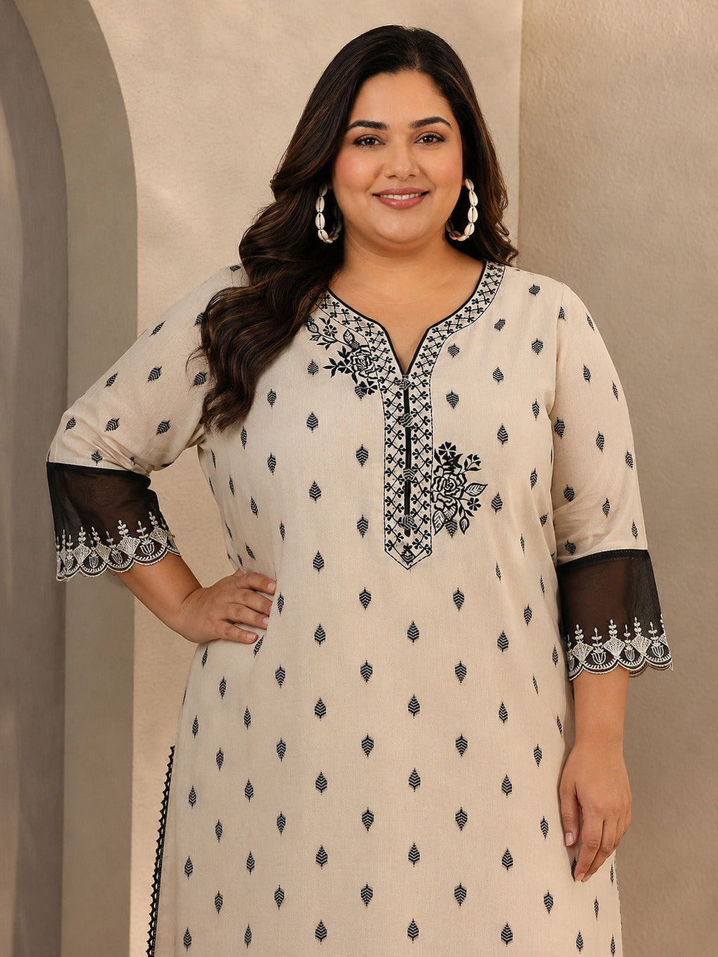 Plus Size Off White Floral Woven Design Cotton Blend Straight Suit Set With Dupatta