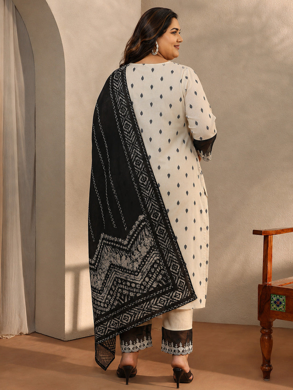 Plus Size Off White Floral Woven Design Cotton Blend Straight Suit Set With Dupatta