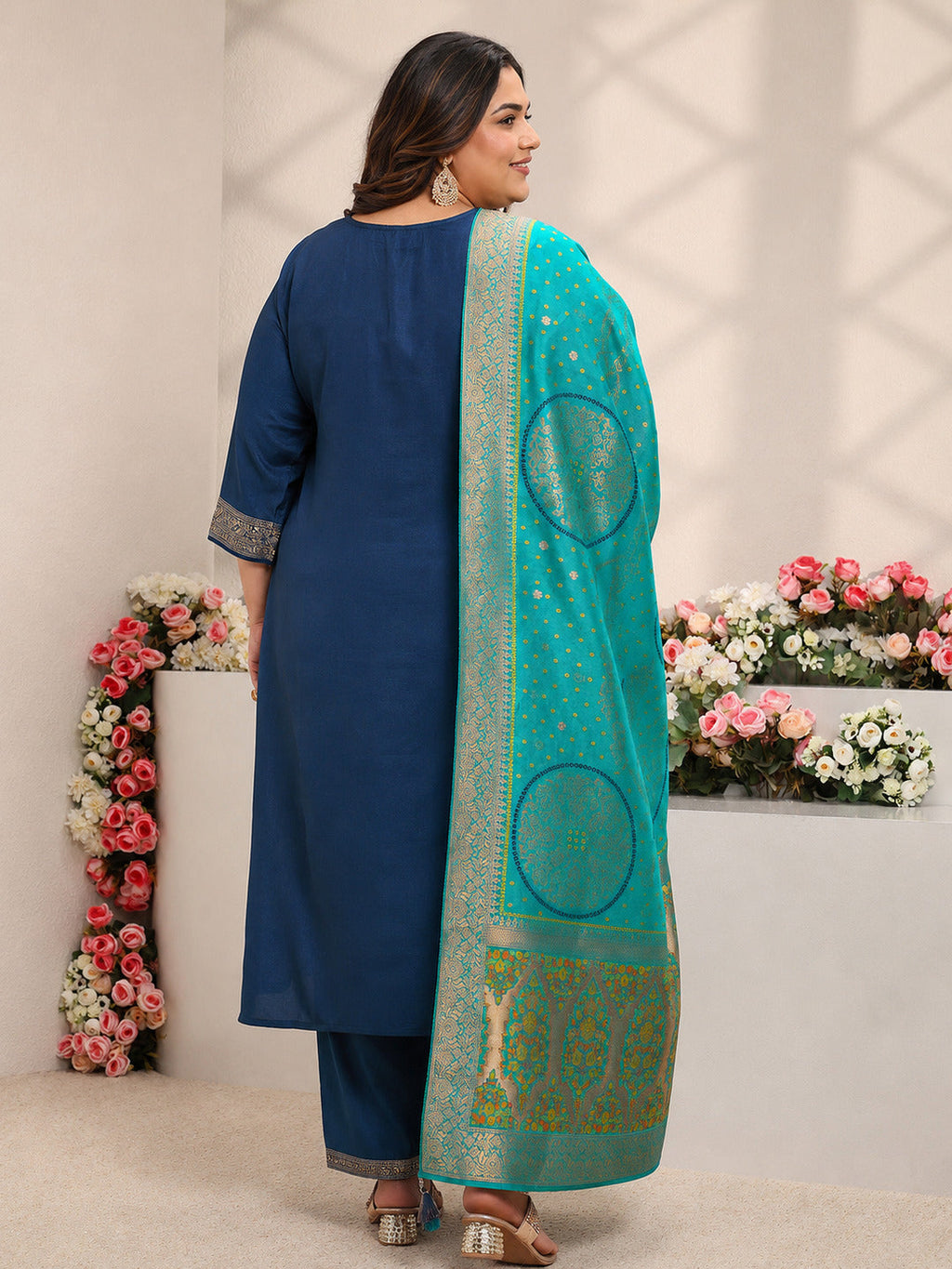 Plus Size Blue Woven Design Silk Blend Straight Suit Set With Dupatta