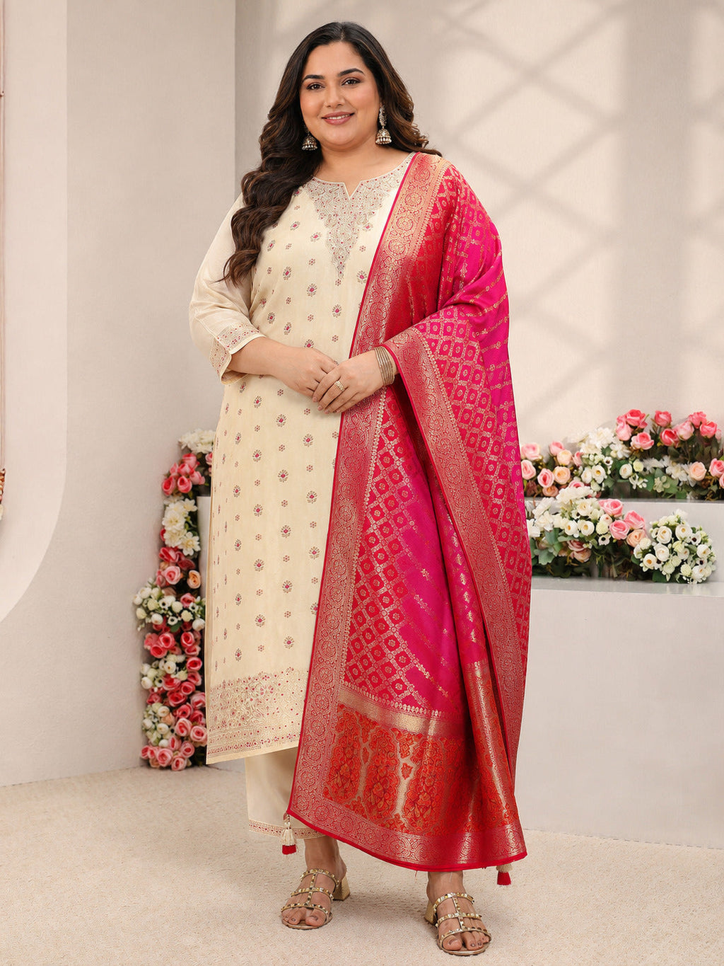 Plus Size Ivory Woven Design Silk Blend Straight Suit Set With Dupatta