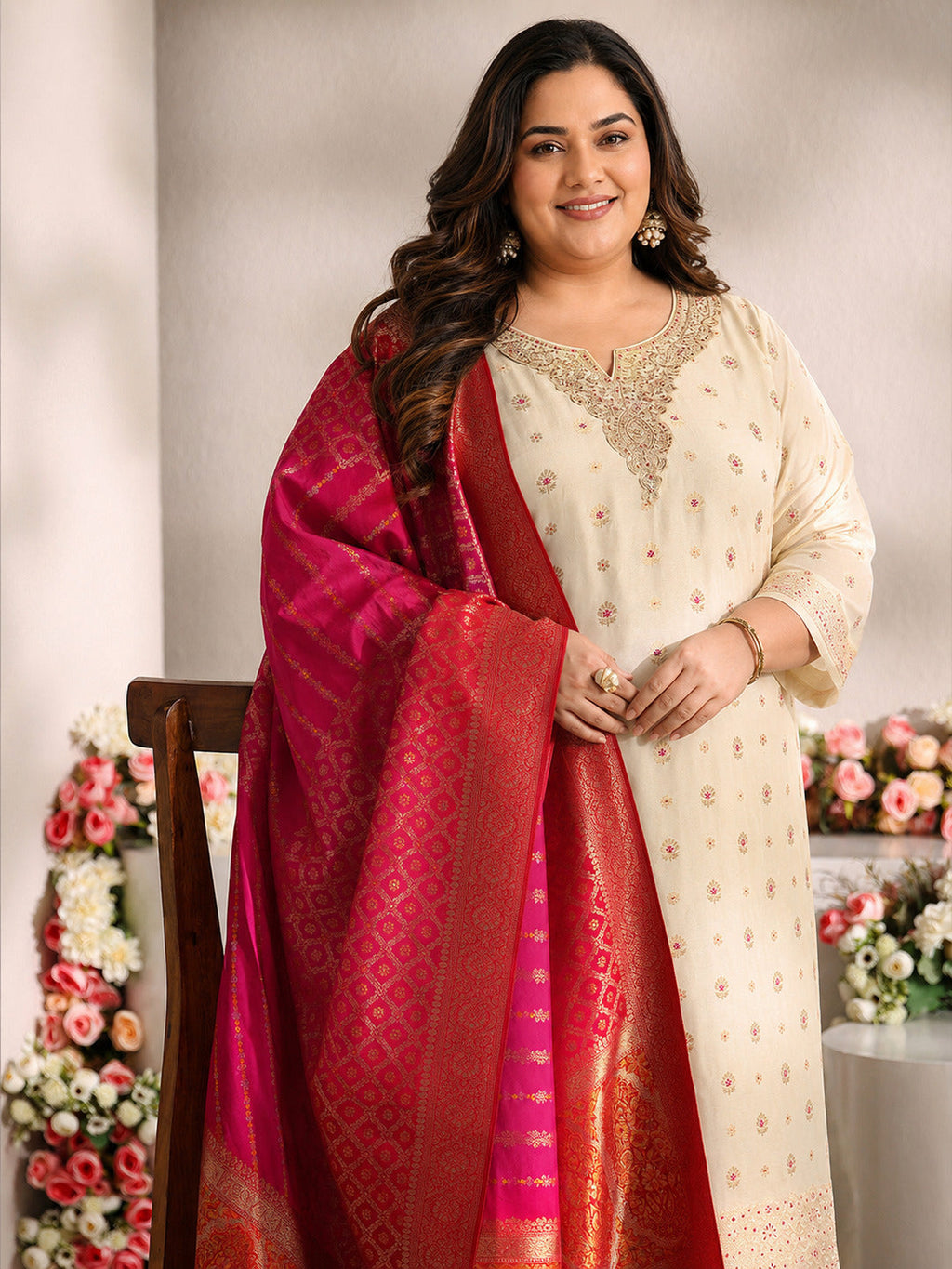 Plus Size Ivory Woven Design Silk Blend Straight Suit Set With Dupatta