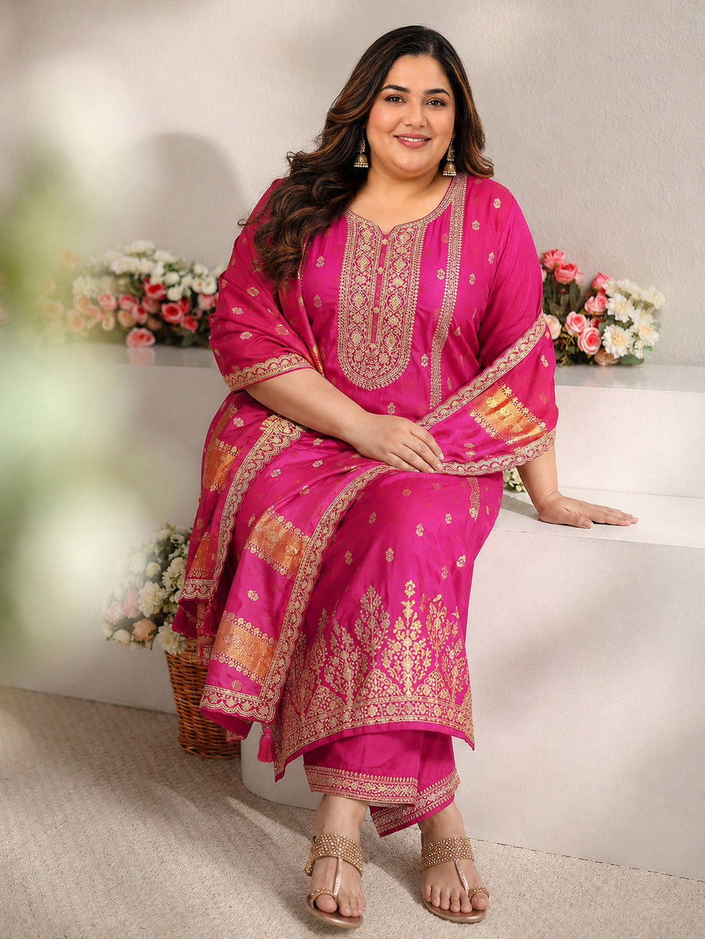 Plus Size Pink Woven Design Silk Blend Straight Suit Set With Dupatta