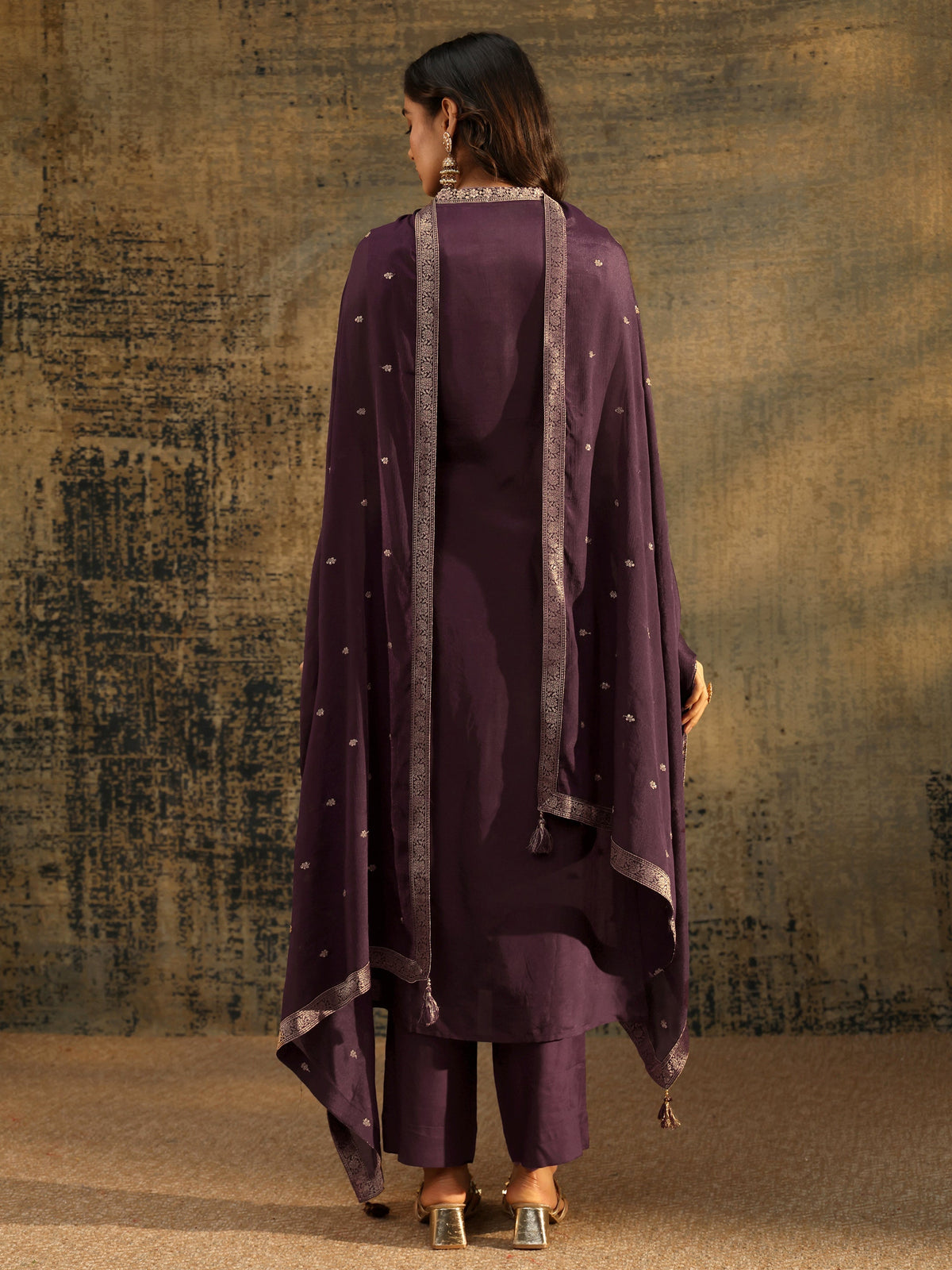 Libas Burgundy Floral Woven Design Silk blend Straight Suit Set