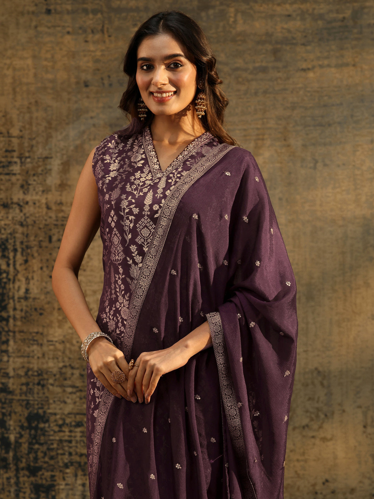 Libas Burgundy Floral Woven Design Silk blend Straight Suit Set
