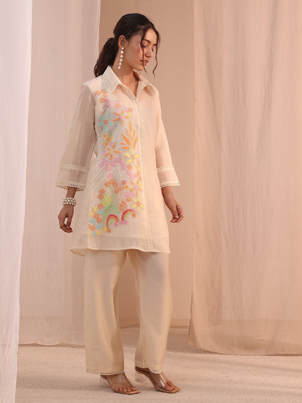 Libas Off White Floral Embroidered Chanderi Cotton Co-Ord Set