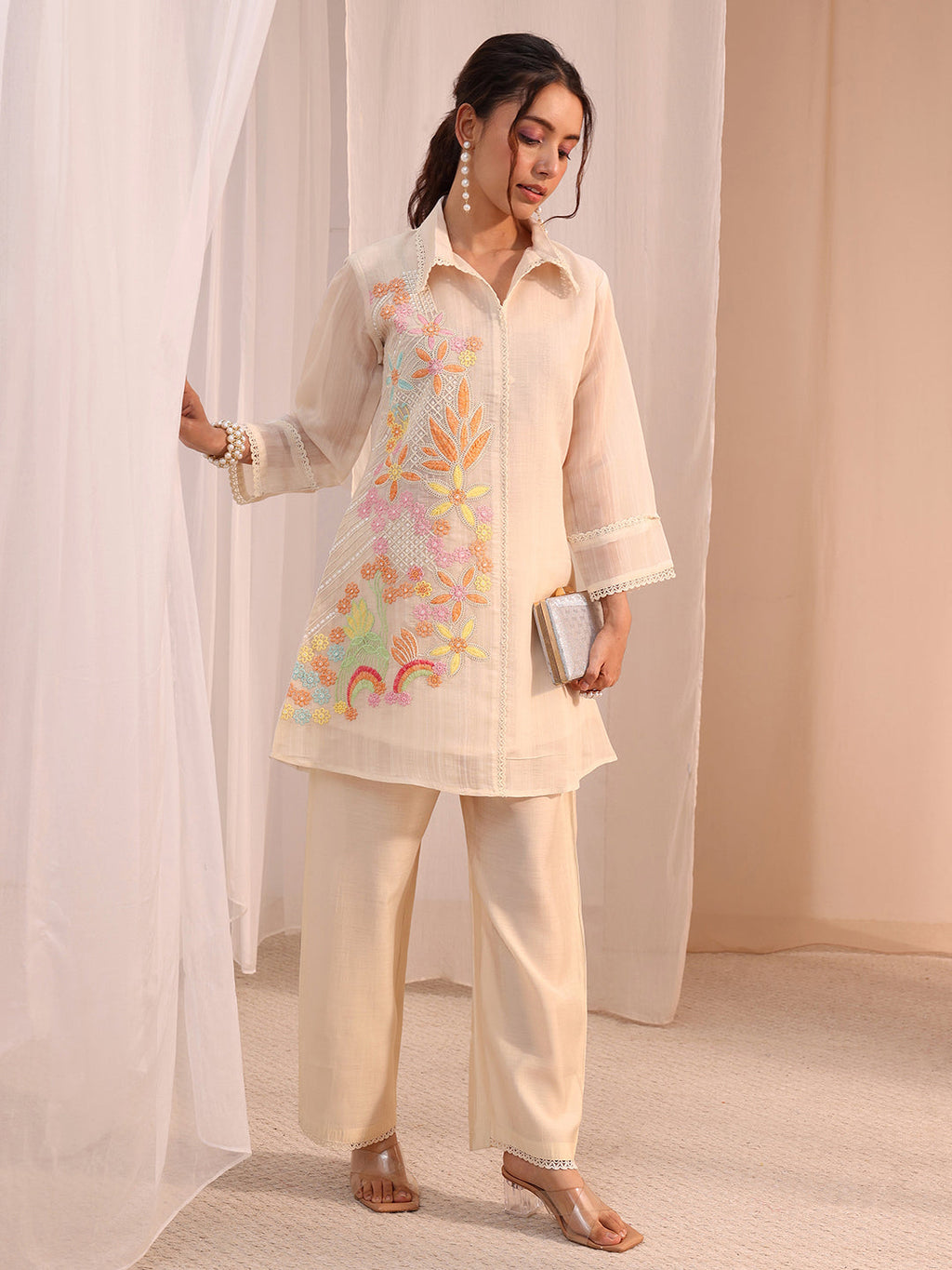 Libas Off White Floral Embroidered Chanderi Cotton Co-Ord Set