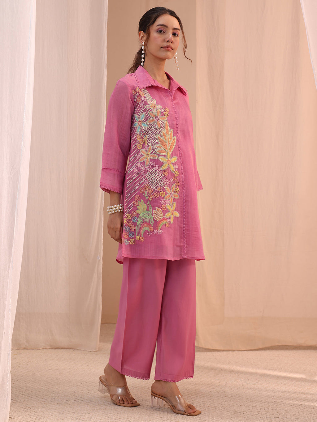 Libas Pink Floral Embroidered Chanderi Cotton Co-Ord Set